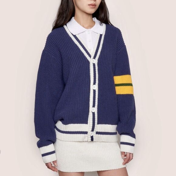 GUIZIO X CHAMPION Cardigan Sweater Women’s Medium Blue Varsity Academia Relaxed - Picture 2 of 13